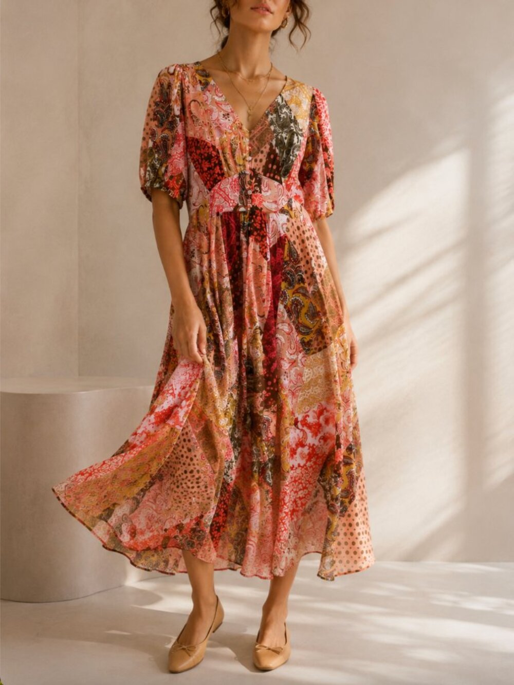 Kachel x Anthropologie Puff Sleeve Patchwork Paisley Midi Dress Size 6 NWT